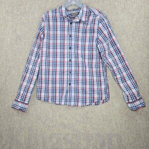 Falls Creek Mens Plaid Button-Down Shirt Red/Blue/White Medium Cotton Blend Slim
